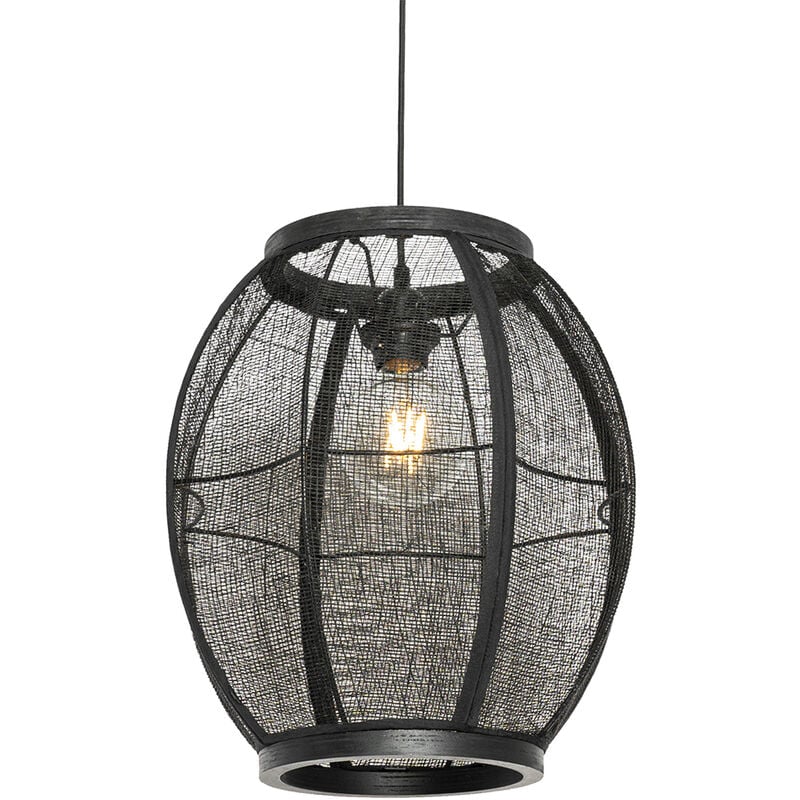 foto del prodotto lampada a sospensione rob orientale legno,lino,acciaio nero ovale max. 1 x watt qazqa