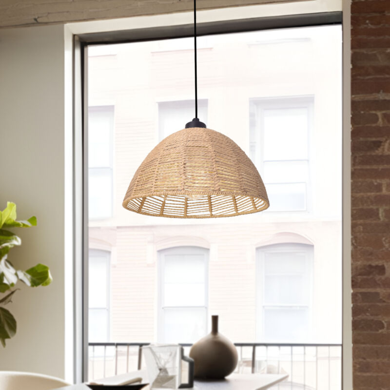 foto del prodotto lampada a sospensione romsey con paralume a campana in rattan naturale nero lux.pro