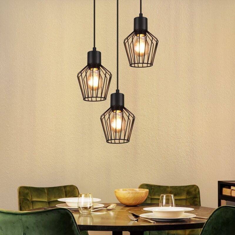 foto del prodotto lampada a sospensione rotonda a 3 fiamme led nera e27 paralume in metallo a forma di gabbia lampade da tavolo retr per sala da pranzo corridoio