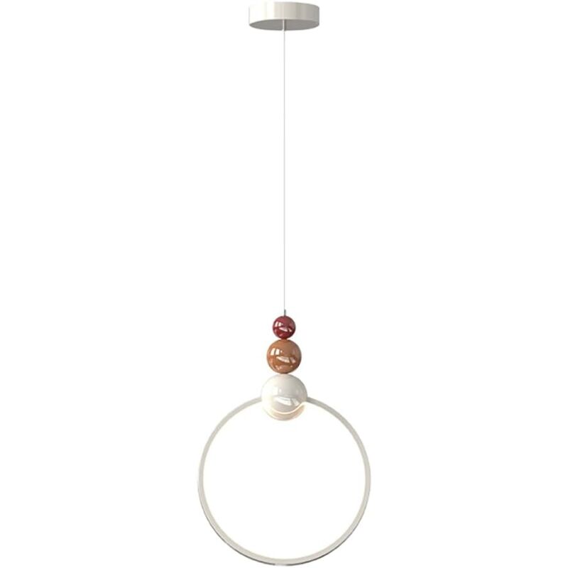 foto del prodotto lampada a sospensione rotonda da comodino, lampade a sospensione in metallo color crema con paralume in acrilico bianco, lampadari moderni a led,