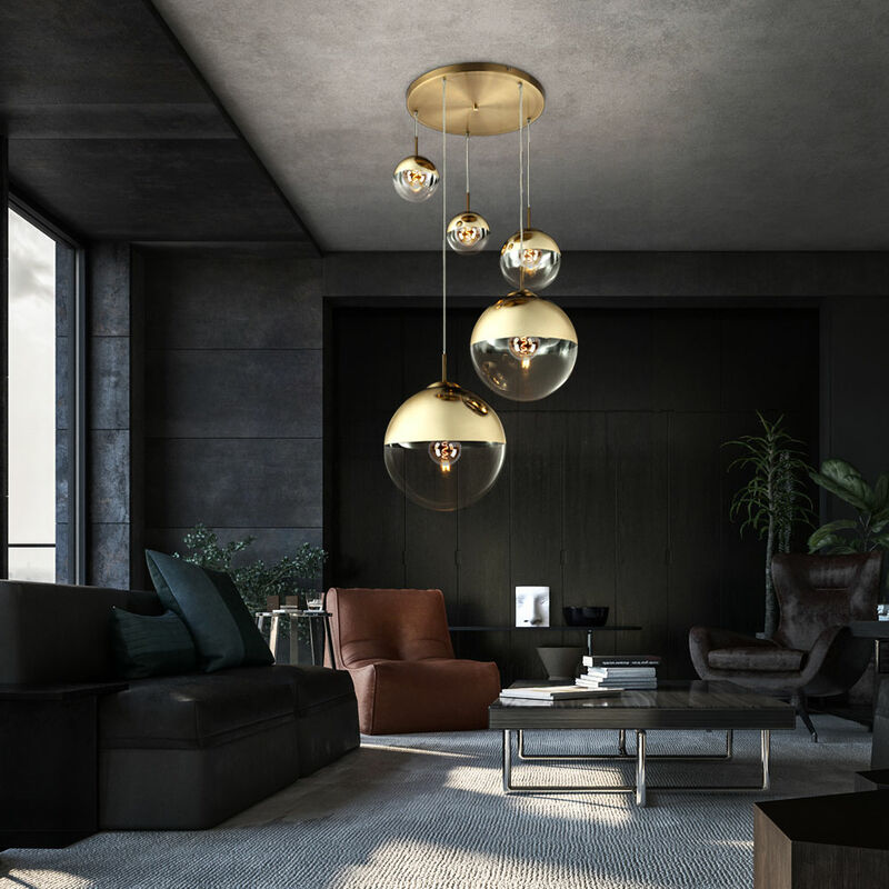 foto del prodotto lampada a sospensione sala da pranzo lampada a sospensione oro 5 fiamme lampada da soggiorno loft, vetro parzialmente satinato, h 150 cm