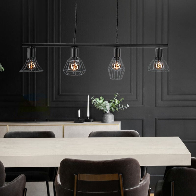 foto del prodotto lampada a sospensione sala da pranzo lampada da tavolo soggiorno lampada a sospensione industriale metallo nero 4 fiamme, 4x e14, lxpxh 75x13x150 cm