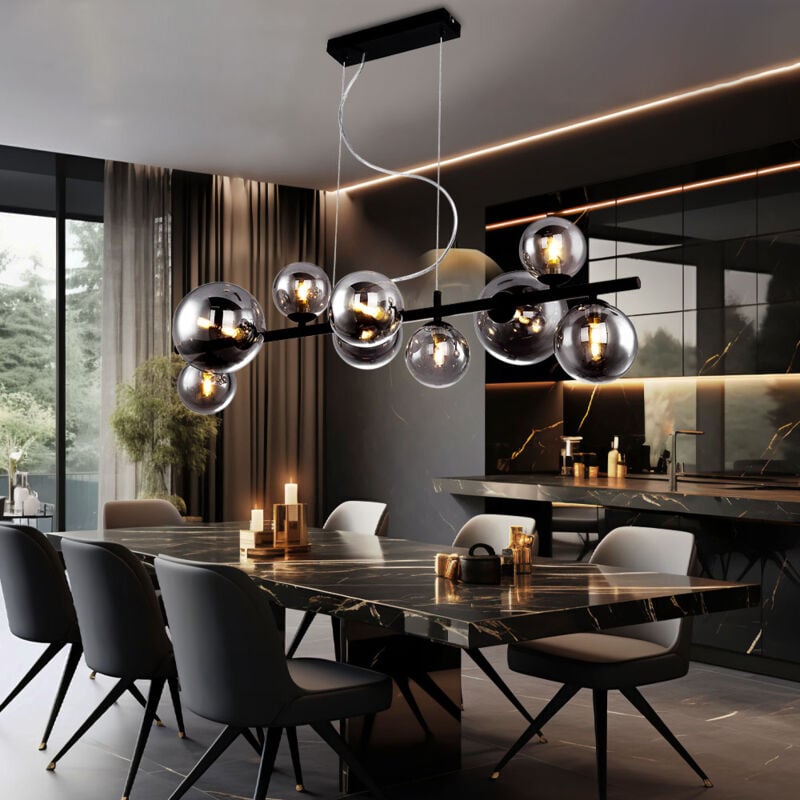 foto del prodotto lampada a sospensione sfera lampada a sospensione in vetro tavolo da pranzo nero lampada da soggiorno a sospensione moderna, vetro fum , 9x led 3.5w