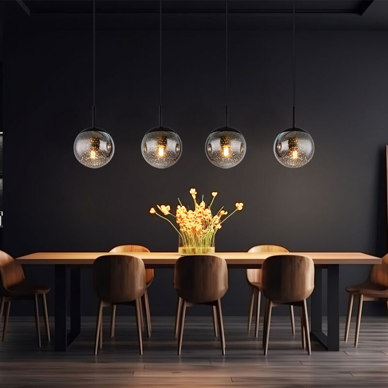 foto del prodotto lampada a sospensione sfera lampada a sospensione nera tavolo da pranzo lampada a sospensione in vetro fum vetro retrò, effetto stella, 4x attacco