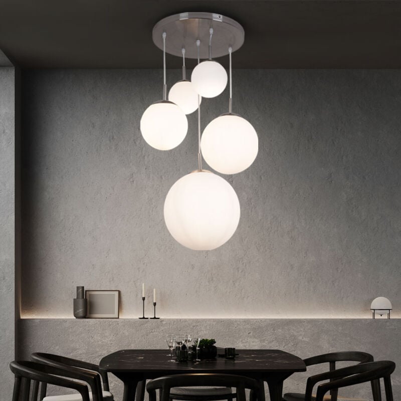 foto del prodotto lampada a sospensione sfere di vetro lampada da tavolo da pranzo a sospensione lampada a sfera moderna a sospensione vetro, 5 fiamme, metallo nichel