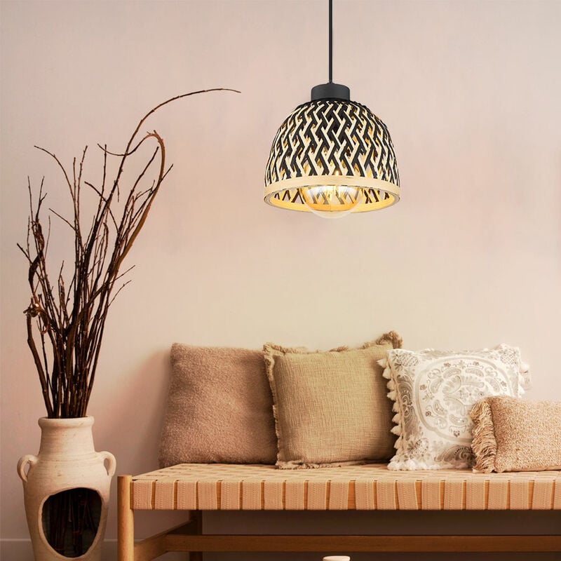foto del prodotto lampada a sospensione soggiorno lampada a sospensione bamb sala da pranzo lampada legno boho marrone intrecciata rotonda, metallo nero opaco, 1x