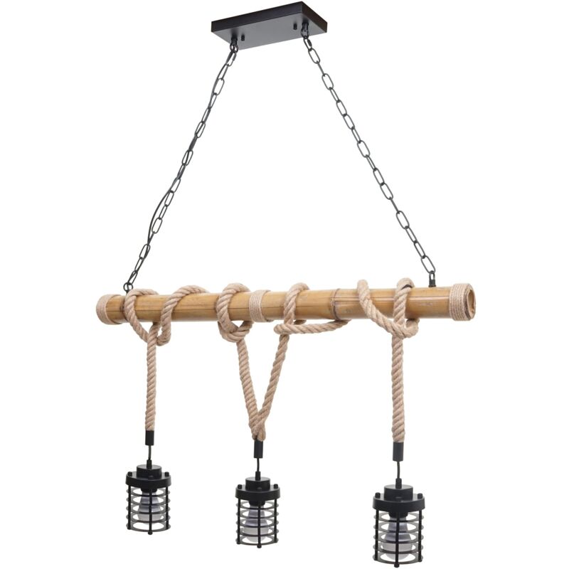 foto del prodotto lampada a sospensione stile industriale vintage corda di bambù metallo nero 3x paralume a gabbia 040004045
