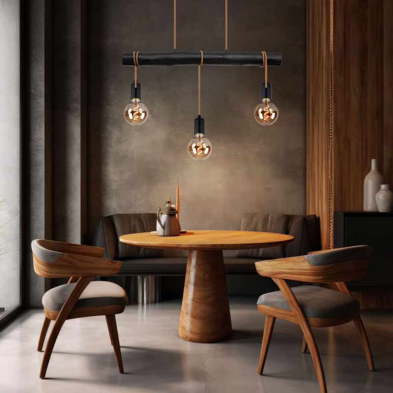 foto del prodotto lampada a sospensione tavolo da pranzo lampada a sospensione nera lampada da soggiorno moderna, lampada in legno corda a 3 luci regolabile in