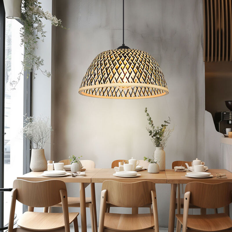 foto del prodotto lampada a sospensione tavolo da pranzo lampada da sala da pranzo in bamb marrone, lampada in legno boho intrecciata rotonda, nero, e27, pxh 40x120 cm