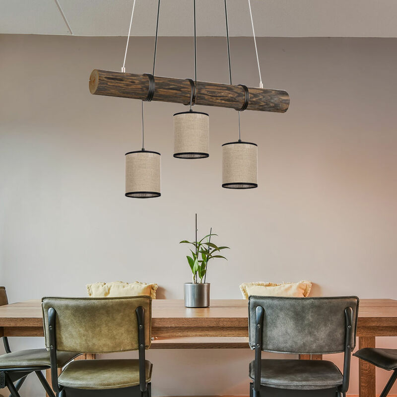 foto del prodotto lampada a sospensione, tavolo da pranzo, legno, lampada da soggiorno, regolabile in altezza, casa di campagna, tessuto, 3x e27, lxlxa 65x13x140cm