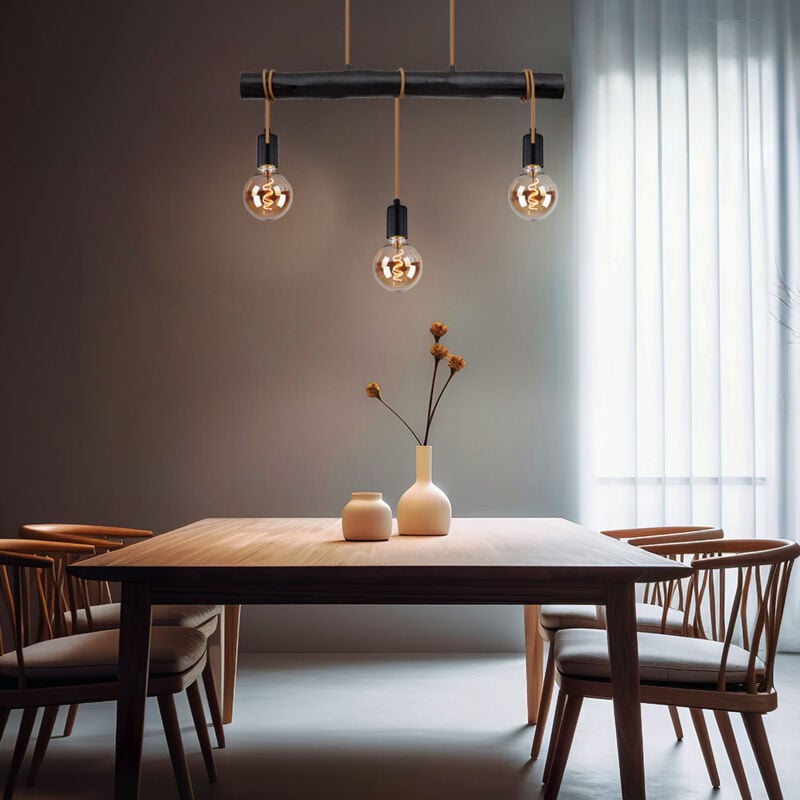 foto del prodotto lampada a sospensione, tavolo da pranzo, nera, lampada da soggiorno, lampada in legno, corda, altezza regolabile, metallo, 3x e27, lxlxa 60x5x120 cm