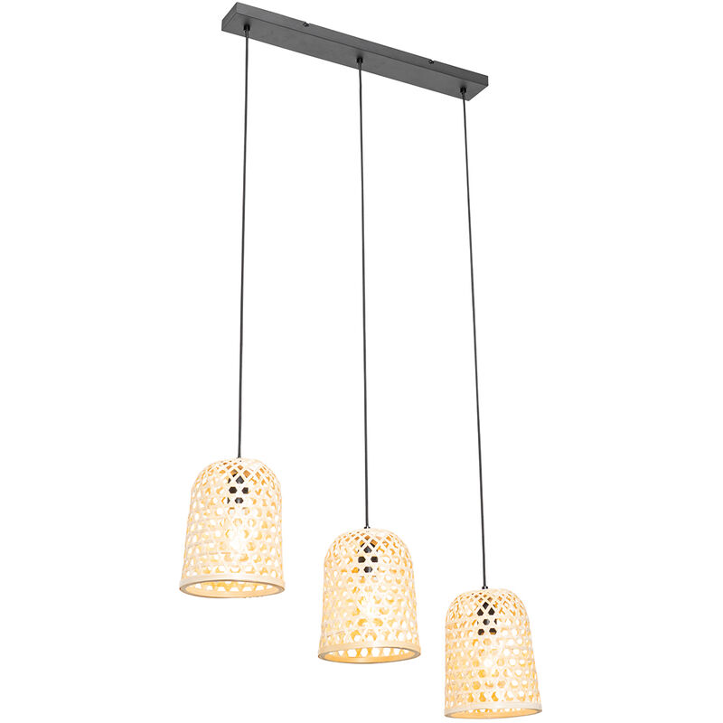 foto del prodotto lampada a sospensione tavolo soggiorno rayan orientale bamboo,acciaio legno nero oblungo max. 3 x watt qazqa