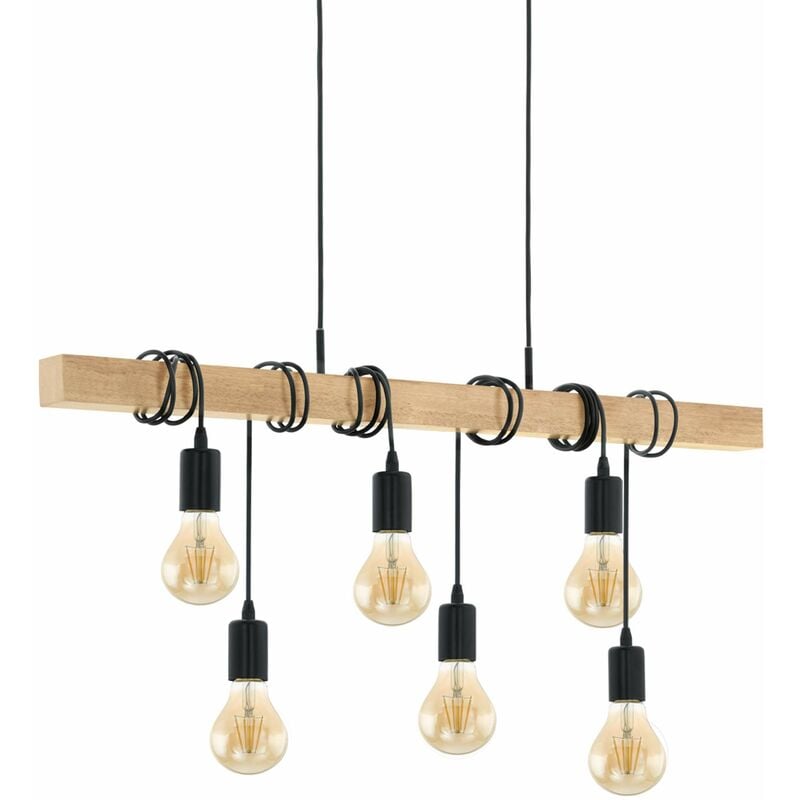foto del prodotto lampada a sospensione townshend, plafoniera dal design vintage, retr e industrial a 6 punti luce, acciaio e legno, e27 eglo