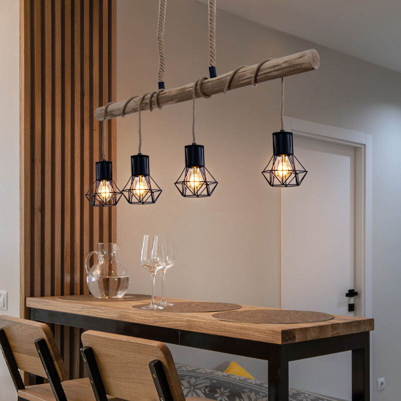 foto del prodotto lampada a sospensione trave di legno naturale lampada a sospensione gabbia nera lampada a sospensione in legno stile country, nero, 4 attacchi e27,