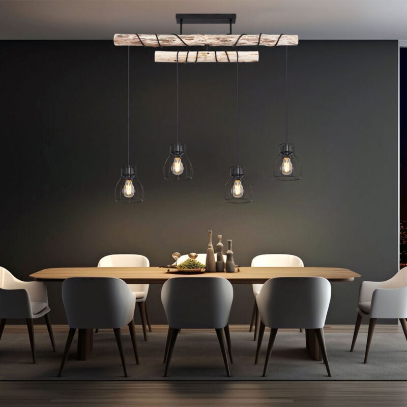foto del prodotto lampada a sospensione trave in legno lampada da sala da pranzo a 4 luci lampada a sospensione regolabile in altezza, metallo nero, 4 prese e27, lxlxa