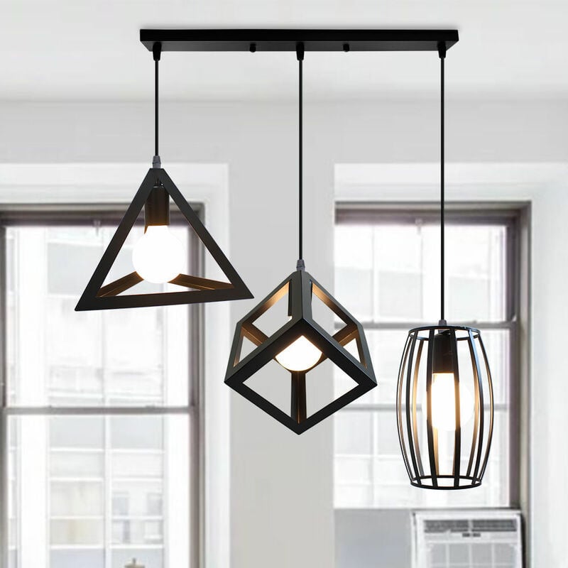 foto del prodotto lampada a sospensione vintage, 3 luci lampada da soffitto con gabbia geometrico, creativo illuminazione e27 attacco nero base rettangolare