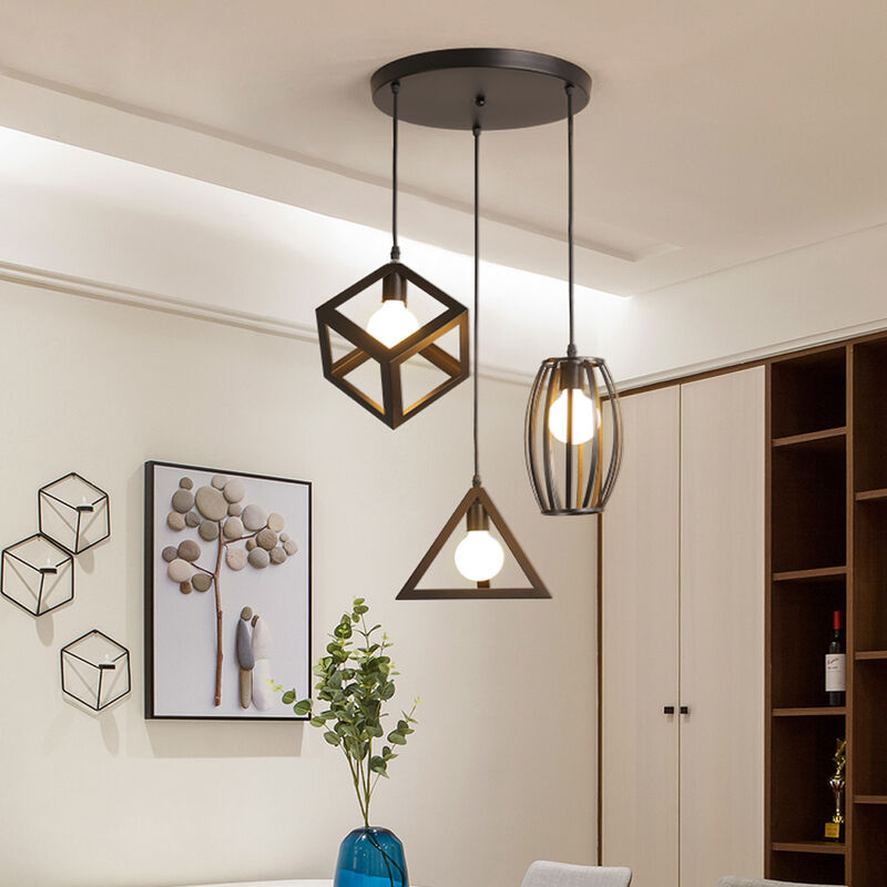 foto del prodotto lampada a sospensione vintage, 3 luci lampada da soffitto con gabbia geometrico, creativo illuminazione e27 attacco nero base rotonda