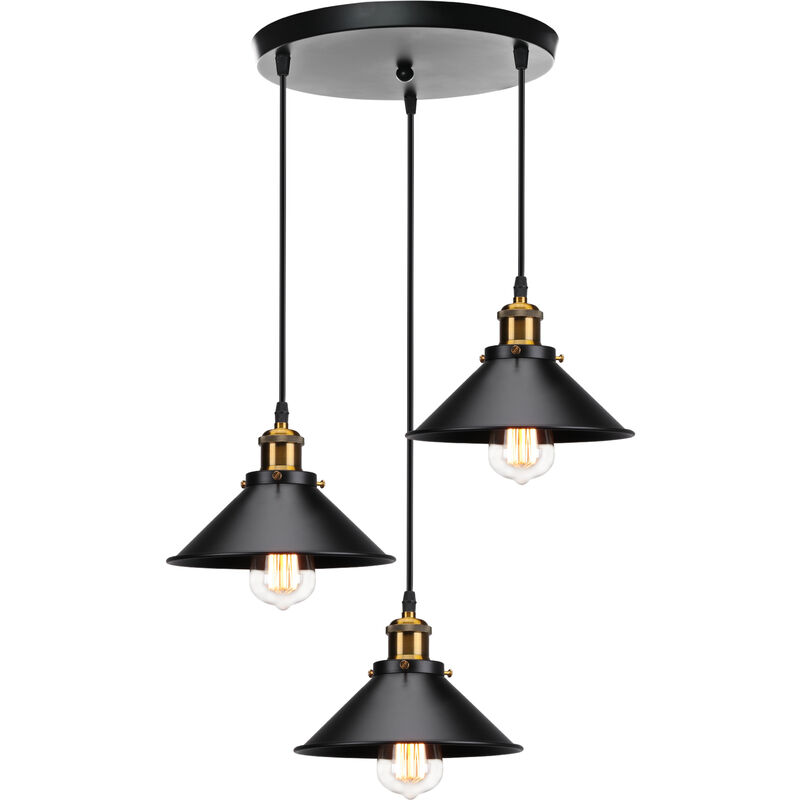 foto del prodotto lampada a sospensione vintage, 3 luci lampadario da soffitto con 22cm paralume in ferro, illuminazione in industriale stile con bronzo edison e27