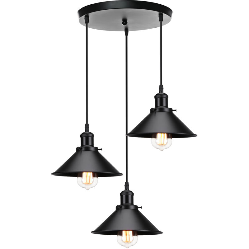 foto del prodotto lampada a sospensione vintage, 3 luci lampadario da soffitto con 22cm paralume in ferro, illuminazione in industriale stile edison e27 per cucina
