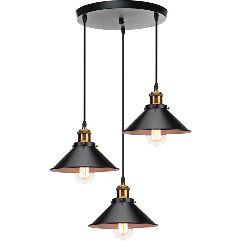 foto del prodotto lampada a sospensione vintage, 3 luci lampadario da soffitto con 22cm paralume in ferro, illuminazione in industriale stile edison e27 per cucina