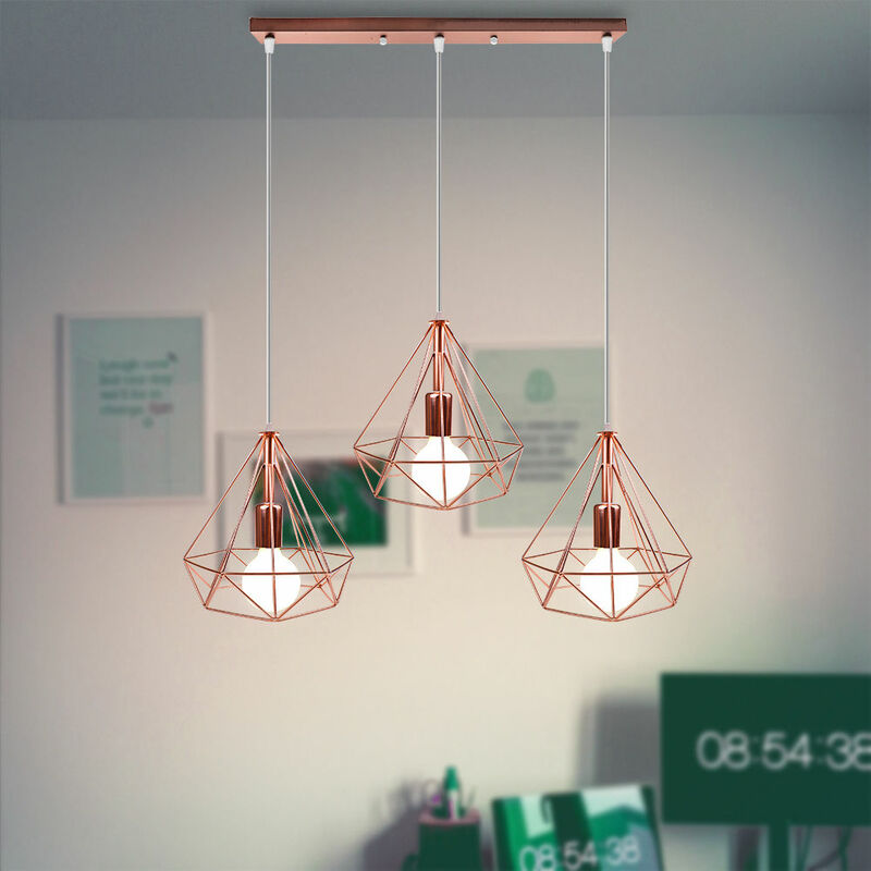foto del prodotto lampada a sospensione vintage, 3 luci plafoniera con 25cm gabbia di diamante, decorazione di illuminazione in metallo per soggiorno cucina di casa