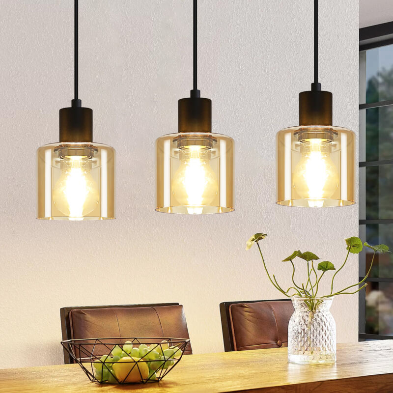 foto del prodotto lampada a sospensione vintage con 3 lampadine e27, lampada da tavolo da pranzo, paralume in metallo nero industriale retr per soggiorno, hotel,