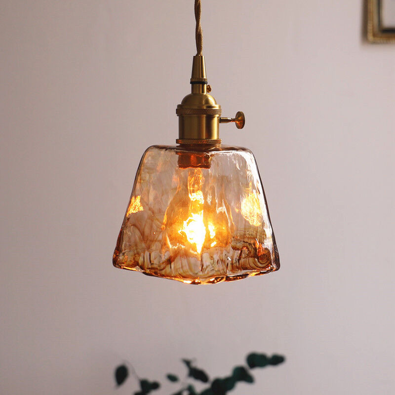 foto del prodotto lampada a sospensione vintage e27 luci a soffitto in ottone lampadario paralume vetro ambra 14cm a
