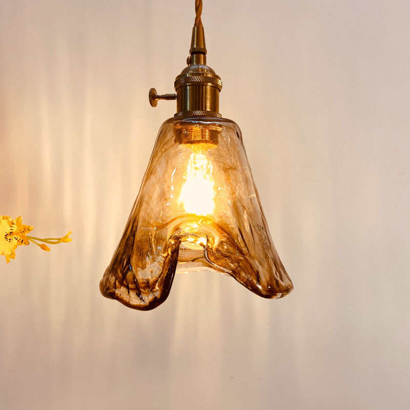 foto del prodotto lampada a sospensione vintage e27 luci a soffitto in ottone lampadario paralume vetro ambra 15cm a