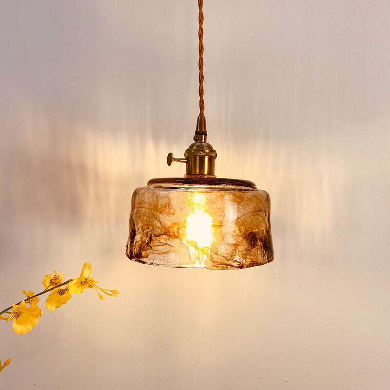 foto del prodotto lampada a sospensione vintage e27 luci a soffitto in ottone lampadario paralume vetro ambra 17cm a