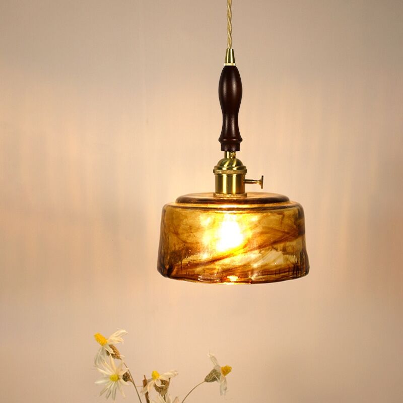 foto del prodotto lampada a sospensione vintage e27 luci a soffitto in ottone lampadario paralume vetro ambra 17cm b