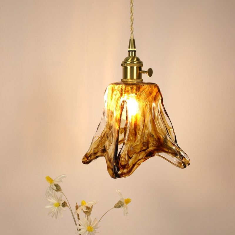 foto del prodotto lampada a sospensione vintage e27 luci a soffitto in ottone lampadario paralume vetro ambra 20cm a