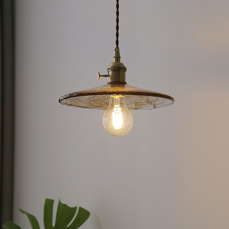 foto del prodotto lampada a sospensione vintage e27 luci a soffitto in ottone lampadario paralume vetro ambra 23cm a