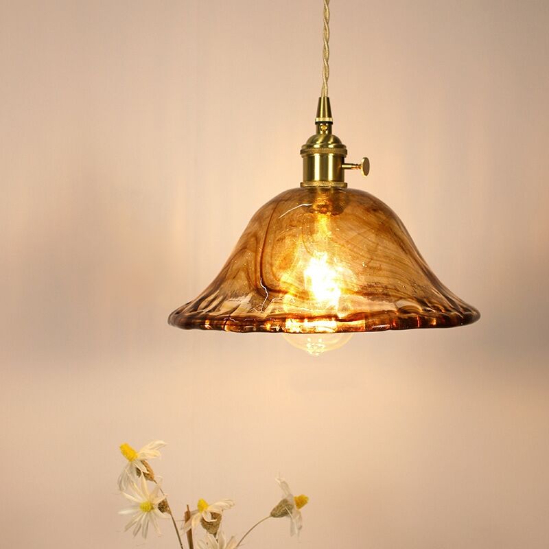 foto del prodotto lampada a sospensione vintage e27 luci a soffitto in ottone lampadario paralume vetro ambra 25cm a