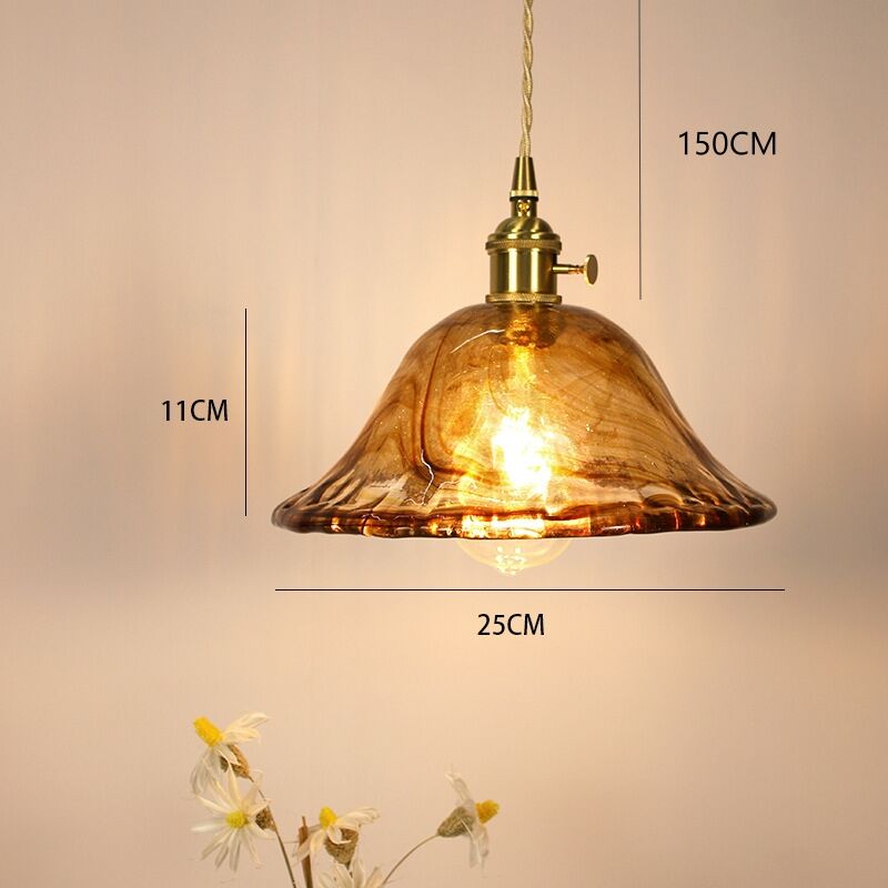 foto del prodotto lampada a sospensione vintage e27 luci a soffitto in ottone lampadario paralume vetro ambra 25cm b
