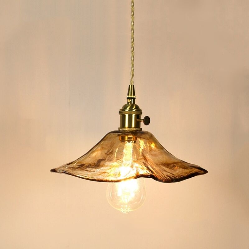 foto del prodotto lampada a sospensione vintage e27 luci a soffitto in ottone lampadario paralume vetro ambra 26cm a
