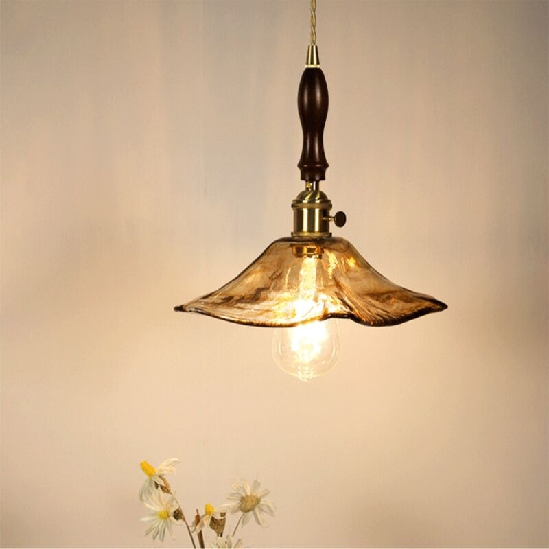foto del prodotto lampada a sospensione vintage e27 luci a soffitto in ottone lampadario paralume vetro ambra 26cm b