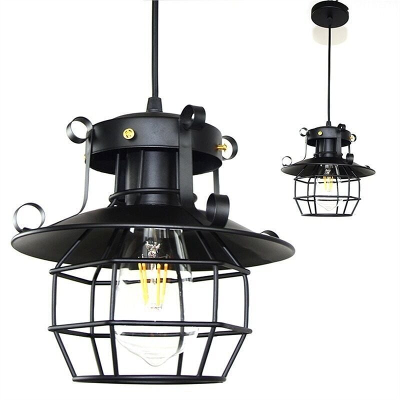 foto del prodotto lampada a sospensione vintage industriale lampadario soffitto paralume gabbia metallo plafoniera regolabile 2 pezzi