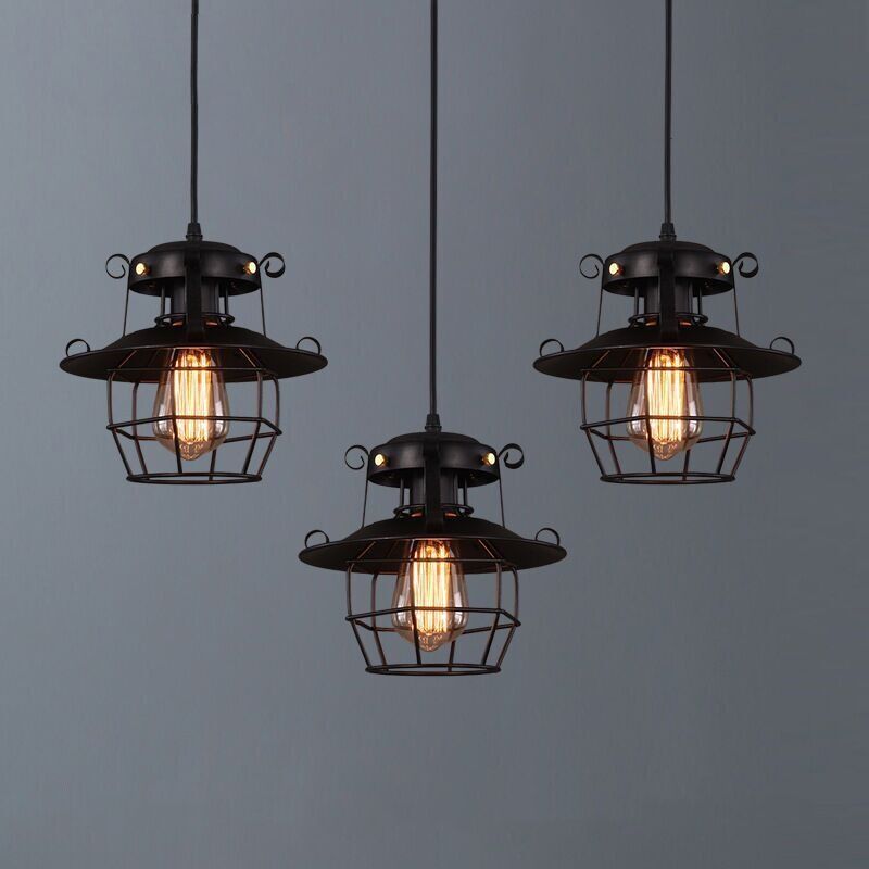 foto del prodotto lampada a sospensione vintage industriale lampadario soffitto paralume gabbia metallo plafoniera regolabile 3 pezzi