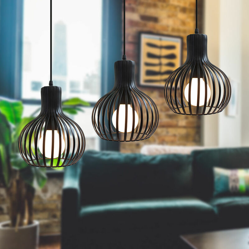 foto del prodotto lampada a sospensione vintage industriale stile 3 luci illuminazione da soffitto con 20cm gabbia zucca in metallo nero