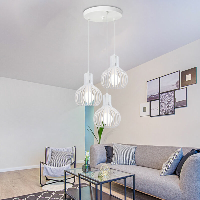 foto del prodotto lampada a sospensione vintage industriale stile illuminazione da soffitto con 20cm gabbia zucca in metallo 3 luci con portalampada tondo bianco 