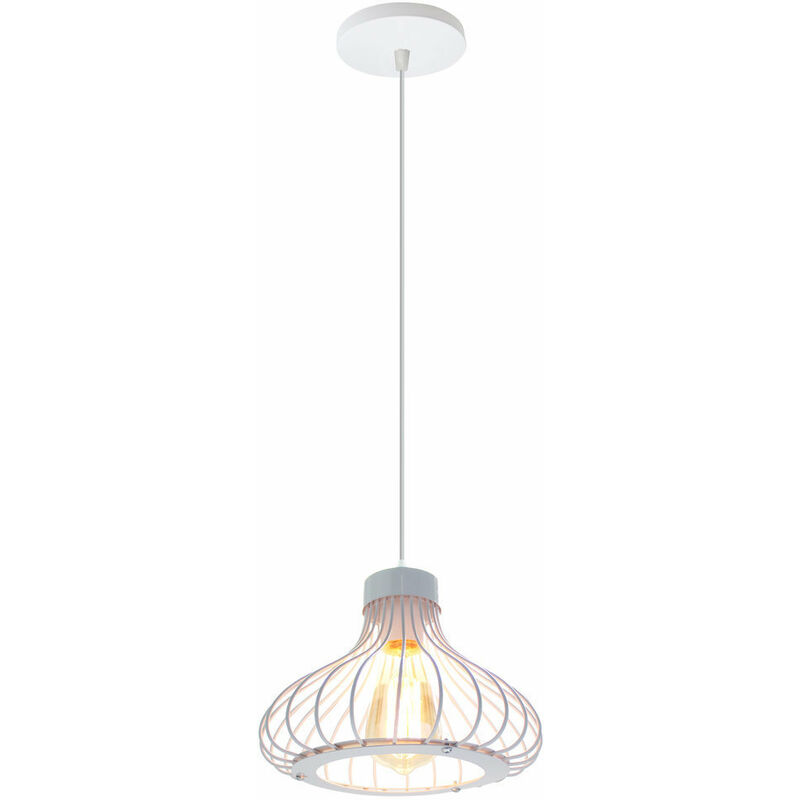 foto del prodotto lampada a sospensione vintage industriale stile illuminazione da soffitto con gabbia in metallo bianco