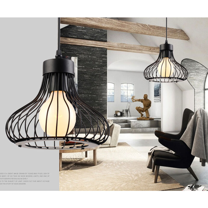 foto del prodotto lampada a sospensione vintage industriale stile illuminazione da soffitto con gabbia in metallo - nero 2pcs