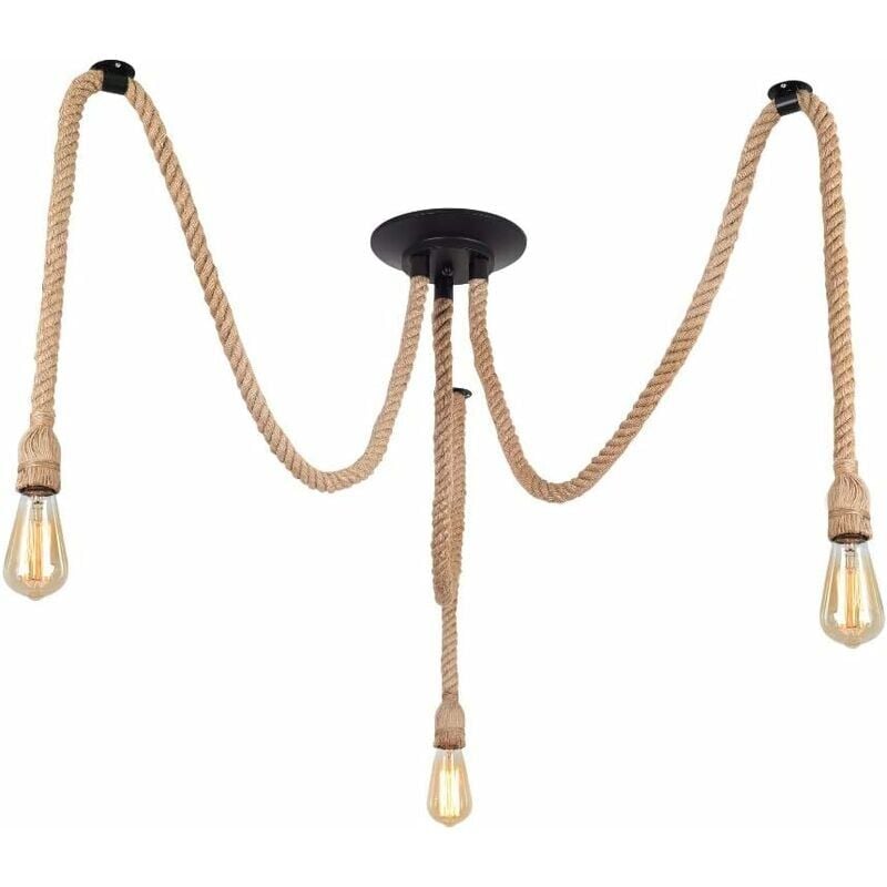 foto del prodotto lampada a sospensione vintage, lampada a sospensione industriale 3 attacchi e27, lampadario regolabile con corda di canapa per sala da pranzo,