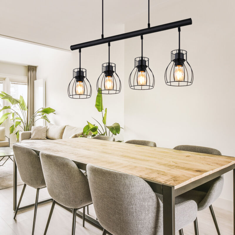 foto del prodotto lampada a sospensione vintage lampada a sospensione tavolo da pranzo lampada a sospensione lampada a sospensione nera industriale, paralumi in gabbia metallica, 4 prese e27, l 77 cm
