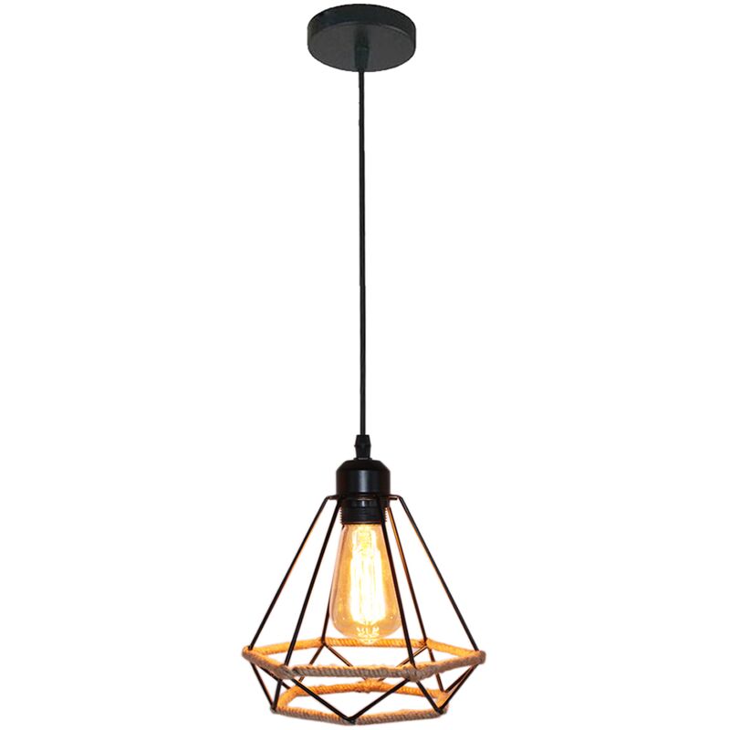 foto del prodotto lampada a sospensione, vintage lampada da soffitto in corda di canapa, plafoniere con 20cm gabbia di diamante nero 