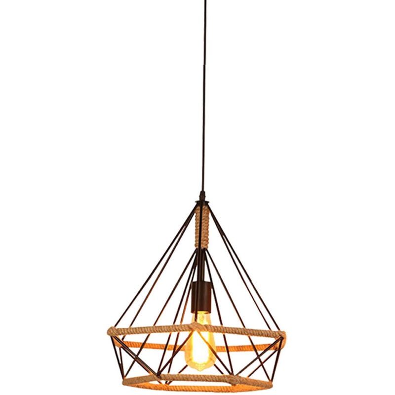 foto del prodotto lampada a sospensione, vintage lampada da soffitto in corda di canapa, plafoniere con 25cm gabbia di diamante nero 1 pezzi