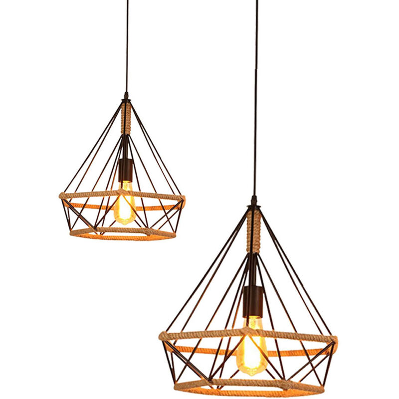 foto del prodotto lampada a sospensione, vintage lampada da soffitto in corda di canapa, plafoniere con 25cm gabbia di diamante nero 2 pezzi