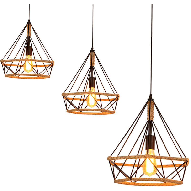 foto del prodotto lampada a sospensione, vintage lampada da soffitto in corda di canapa, plafoniere con 25cm gabbia di diamante nero 3 pezzi