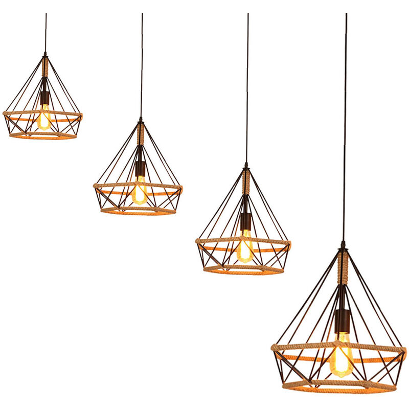 foto del prodotto lampada a sospensione, vintage lampada da soffitto in corda di canapa, plafoniere con 25cm gabbia di diamante nero 4 pezzi