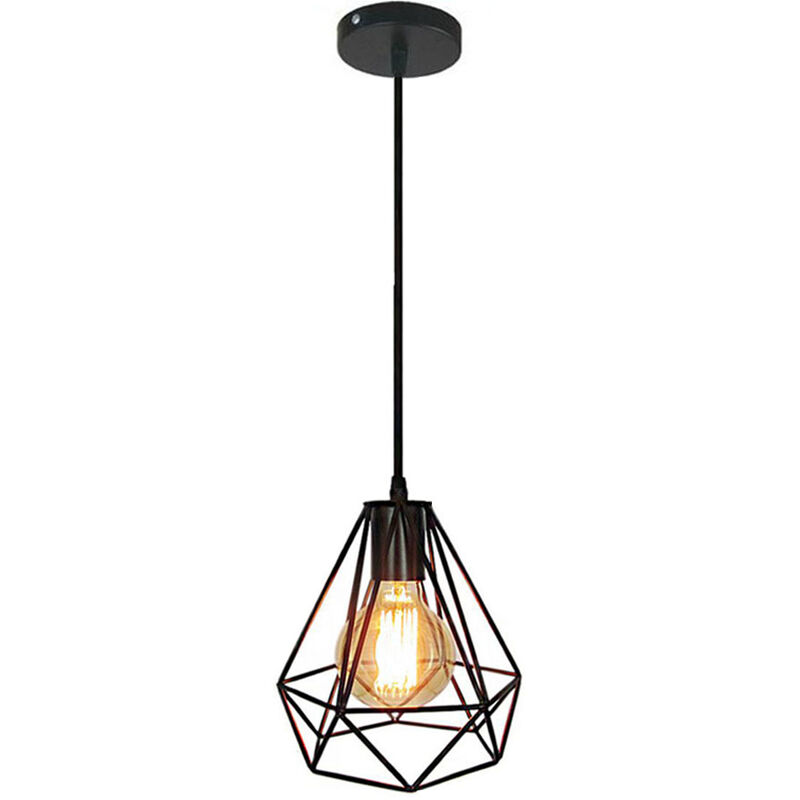 foto del prodotto lampada a sospensione, vintage lampadario con 20cm gabbia in metallo diamante, lampadari e27 edison lampadina per soggiorno cucina nero